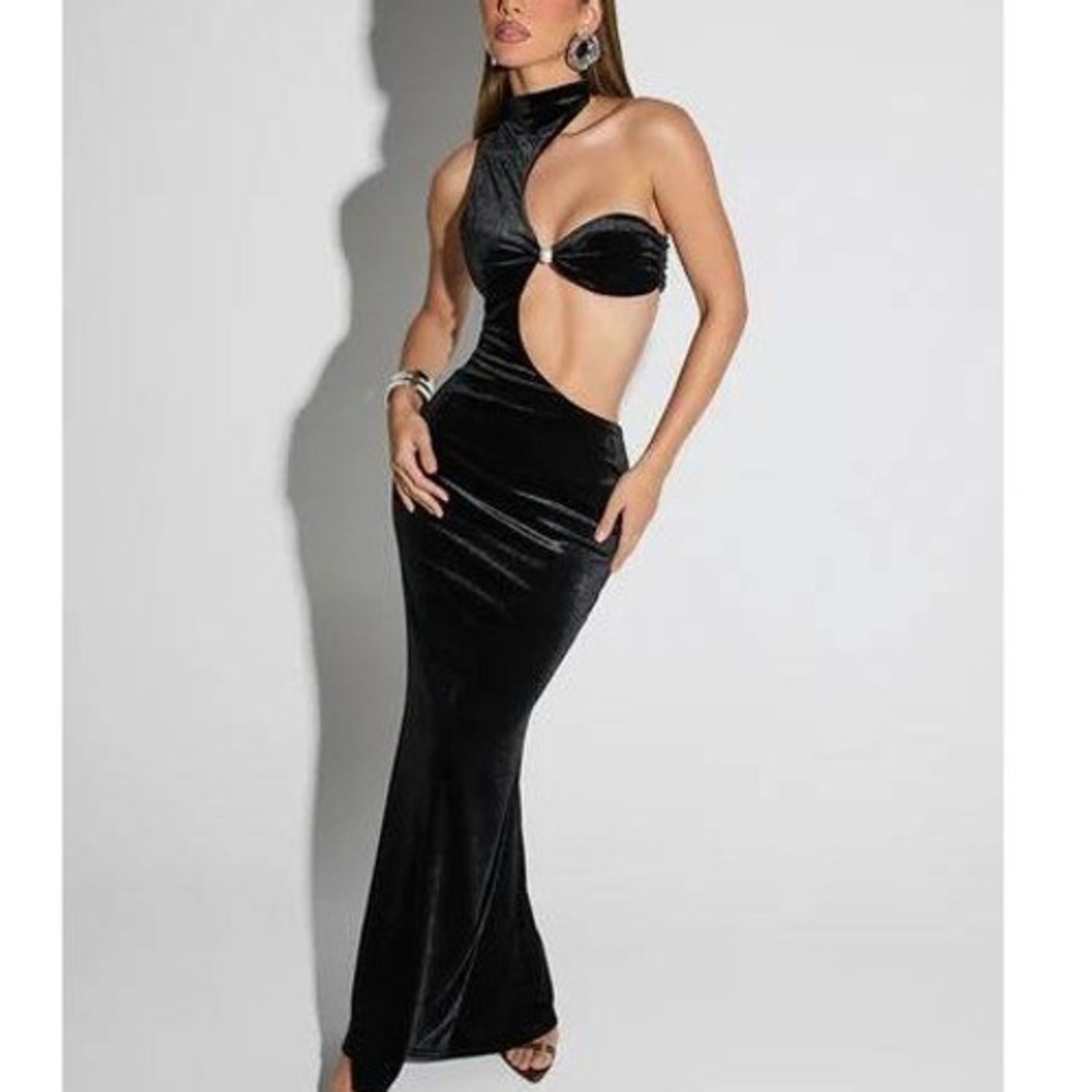 MURCI Black Velvet Cut Out Pearl Maxi Dress Size 8 New With Tags